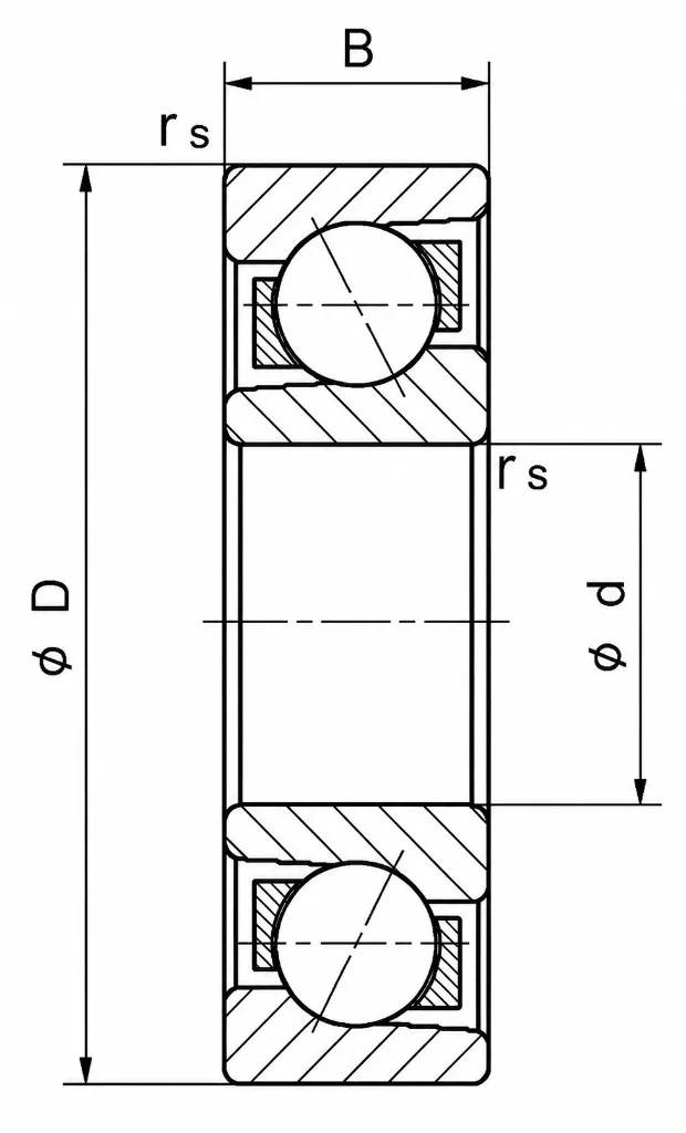 角接触球轴承剖面示意图,标注 d、D、B、rs、接触角 α