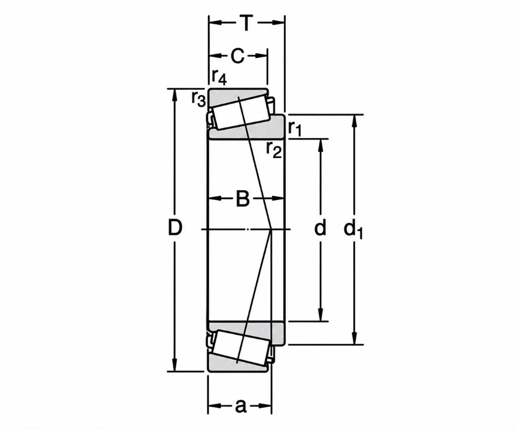 圆锥滚子轴承剖面示意图,标注 d、D、T、B、C、a、d₁、r₁–r₄